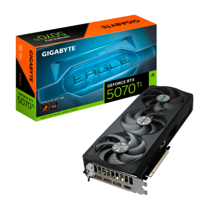 Tarjeta gráfica Gigabyte GeForce RTX 5070 Ti EAGLE OC SFF 16GB con arquitectura NVIDIA Blackwell, 16 GB GDDR7, DLSS 4, Ray Tracing, sistema de refrigeración WINDFORCE y salidas HDMI 2.1b y DisplayPort 2.1b. Ideal para gaming en 4K con alto rendimiento y eficiencia energética.