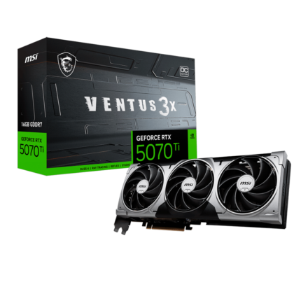 Tarjeta gráfica MSI GeForce RTX 5070 Ti VENTUS 3X OC 16GB con arquitectura NVIDIA Blackwell, 16 GB GDDR7, DLSS 4, Ray Tracing, sistema de refrigeración de triple ventilador y salidas HDMI 2.1b y DisplayPort 2.1b. Ideal para gaming en 4K con alto rendimiento y eficiencia energética.
