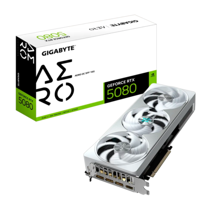Tarjeta gráfica Gigabyte GeForce RTX 5080 AERO OC SFF 16GB con arquitectura NVIDIA Blackwell, 16 GB GDDR7, DLSS 4, Ray Tracing, sistema de refrigeración WINDFORCE de triple ventilador y salidas HDMI 2.1b y DisplayPort 2.1b. Ideal para gaming en 4K con alto rendimiento y eficiencia energética.