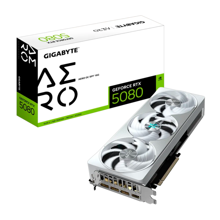 Tarjeta gráfica Gigabyte GeForce RTX 5080 AERO OC SFF 16GB con arquitectura NVIDIA Blackwell, 16 GB GDDR7, DLSS 4, Ray Tracing, sistema de refrigeración WINDFORCE de triple ventilador y salidas HDMI 2.1b y DisplayPort 2.1b. Ideal para gaming en 4K con alto rendimiento y eficiencia energética.
