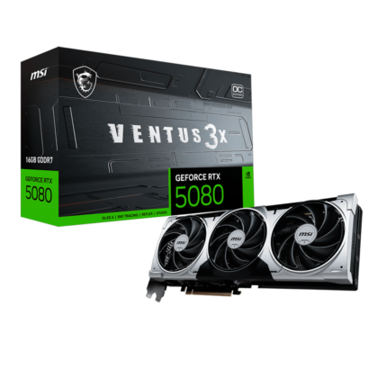 Tarjeta gráfica MSI GeForce RTX 5080 VENTUS 3X OC 16GB con arquitectura NVIDIA Blackwell, 16 GB GDDR7, DLSS 4, Ray Tracing, sistema de refrigeración de triple ventilador y salidas HDMI 2.1b y DisplayPort 2.1b. Ideal para gaming en 4K con alto rendimiento y eficiencia energética.