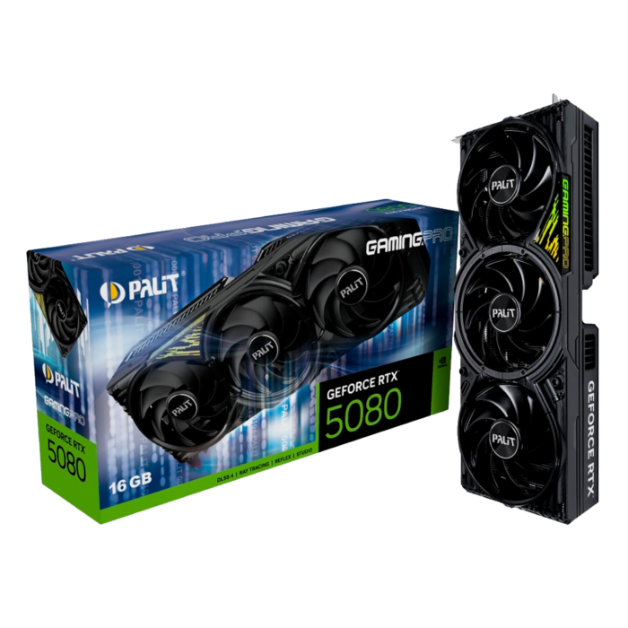 Tarjeta gráfica Palit RTX 5080 GamingPro de 16GB con refrigeración triple, memoria GDDR7 y arquitectura Blackwell para alto rendimiento.