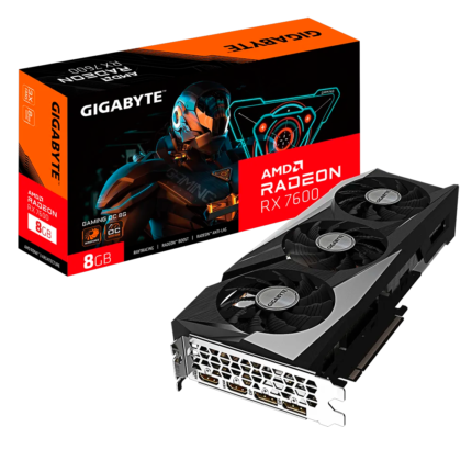 Tarjeta gráfica Gigabyte Radeon RX 7600 GAMING OC 8G con arquitectura RDNA 3, 8 GB GDDR6, DLSS, Ray Tracing, sistema de refrigeración WINDFORCE 3X y salidas HDMI 2.1 y DisplayPort 2.1. Ideal para gaming en 1080p con alto rendimiento y eficiencia energética.