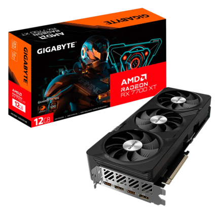 Tarjeta gráfica Radeon RX 7700 XT OC 12GB con arquitectura AMD RDNA™ 3, 12 GB GDDR6, soporte para Ray Tracing, sistema de refrigeración de doble ventilador y salidas HDMI 2.1 y DisplayPort 2.1. Ideal para gaming en 1440p con alto rendimiento y eficiencia energética.