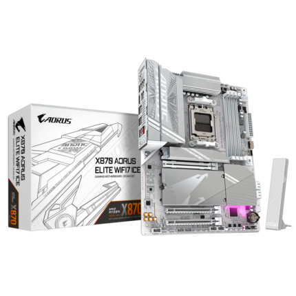 Motherboard Gigabyte X870 AORUS ELITE WIFI7 ICE con soporte para AMD Ryzen™ 7000, 8000 y 9000 Series, DDR5 hasta 8200 MHz, PCIe 5.0, cuádruple M.2 NVMe, HDMI 2.1, Wi-Fi 7 y diseño blanco "Ice". Ideal para sistemas de alto rendimiento y estética clara.
