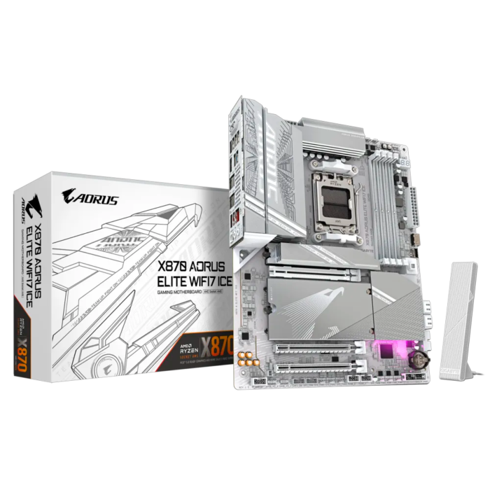 Motherboard Gigabyte X870 AORUS ELITE WIFI7 ICE con soporte para AMD Ryzen™ 7000, 8000 y 9000 Series, DDR5 hasta 8200 MHz, PCIe 5.0, cuádruple M.2 NVMe, HDMI 2.1, Wi-Fi 7 y diseño blanco "Ice". Ideal para sistemas de alto rendimiento y estética clara.