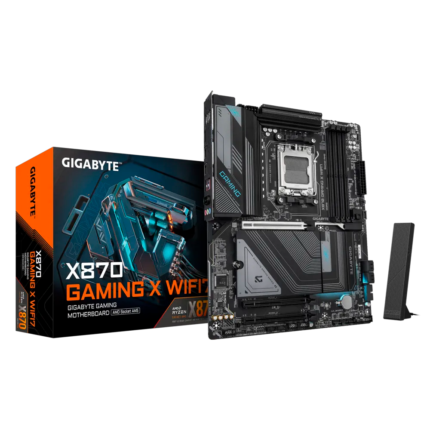 Motherboard Gigabyte X870 GAMING X WIFI7 con soporte para AMD Ryzen™ 7000, 8000 y 9000 Series, DDR5 hasta 8200 MHz, PCIe 5.0, triple M.2 NVMe, HDMI 2.1, Wi-Fi 7 y diseño Ultra Durable. Ideal para sistemas de alto rendimiento y conectividad avanzada.