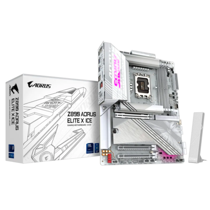 Motherboard Gigabyte Z890 AORUS ELITE X ICE con soporte para Intel Core Ultra Series 2, DDR5 hasta 9500 MHz, PCIe 5.0, quíntuple M.2 NVMe, USB4, Wi-Fi 7, Bluetooth 5.4 y diseño térmico optimizado. Ideal para entusiastas que buscan alto rendimiento y conectividad avanzada.