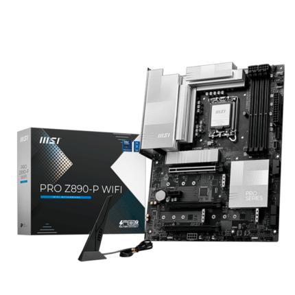 Motherboard MSI PRO Z890-P WIFI con soporte para Intel Core Ultra Series 2, DDR5 hasta 9200 MHz, PCIe 5.0, cuádruple M.2 NVMe, USB4, Wi-Fi 7, Bluetooth 5.4 y diseño térmico optimizado. Ideal para profesionales y entusiastas que buscan alto rendimiento y conectividad avanzada.