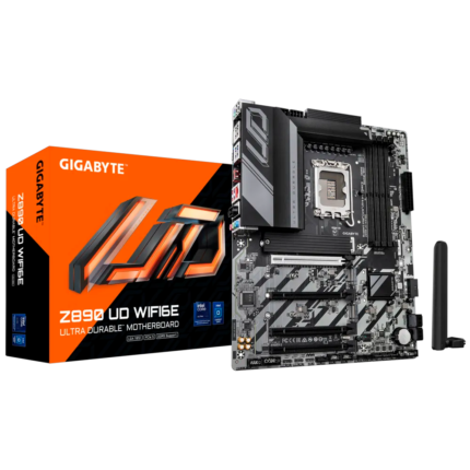 Motherboard Gigabyte Z890 UD WIFI6E con soporte para Intel Core Ultra Series 2, DDR5 hasta 8800 MHz, PCIe 5.0, triple M.2 NVMe, USB4, Wi-Fi 6E y diseño térmico optimizado. Ideal para entusiastas que buscan alto rendimiento y conectividad avanzada.