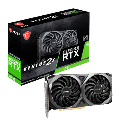 Imagen de la tarjeta gráfica MSI GeForce RTX 3060 VENTUS 2X con 12 GB de memoria GDDR6, diseño compacto de doble ventilador y soporte para Ray Tracing y DLSS 2.0.