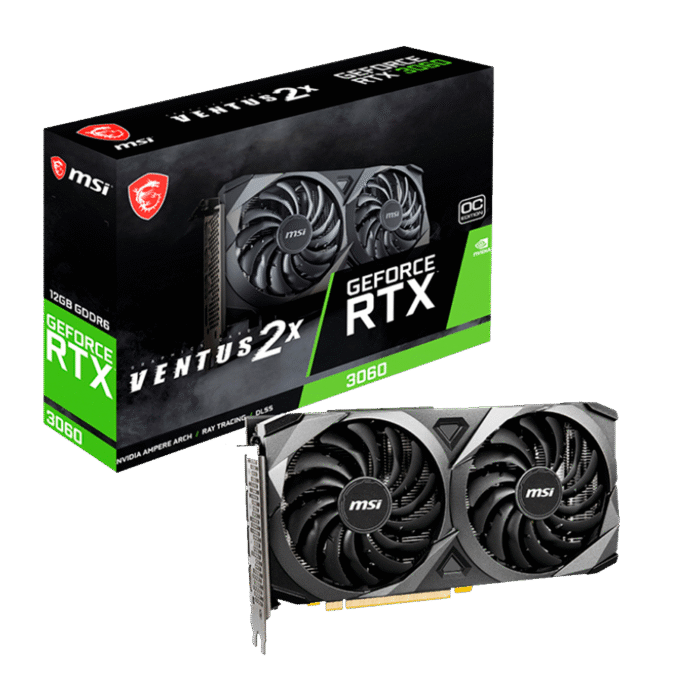 Imagen de la tarjeta gráfica MSI GeForce RTX 3060 VENTUS 2X con 12 GB de memoria GDDR6, diseño compacto de doble ventilador y soporte para Ray Tracing y DLSS 2.0.