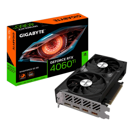 Imagen de la tarjeta gráfica Gigabyte RTX 4060 Ti WINDFORCE OC de 8 GB, con doble ventilador, diseño compacto y tecnologías DLSS 3 y Ray Tracing.