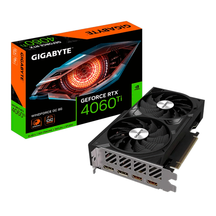 Imagen de la tarjeta gráfica Gigabyte RTX 4060 Ti WINDFORCE OC de 8 GB, con doble ventilador, diseño compacto y tecnologías DLSS 3 y Ray Tracing.
