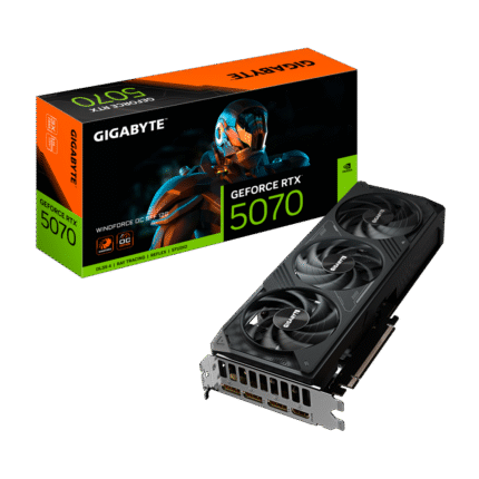 Tarjeta gráfica NVIDIA GeForce RTX 5070 con arquitectura Blackwell, 12 GB GDDR7, sistema de refrigeración WINDFORCE de triple ventilador, soporte para Ray Tracing de 4.ª generación y DLSS 4, diseño compacto SFF, ideal para gaming en 4K y aplicaciones creativas.