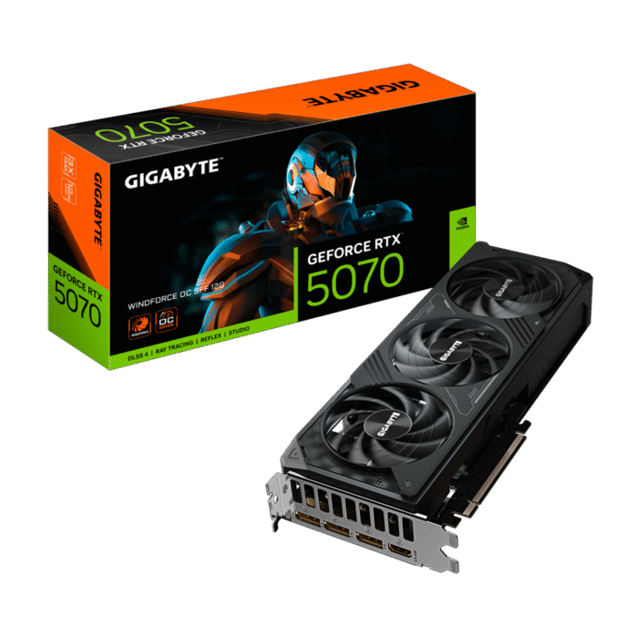 Tarjeta gráfica NVIDIA GeForce RTX 5070 con arquitectura Blackwell, 12 GB GDDR7, sistema de refrigeración WINDFORCE de triple ventilador, soporte para Ray Tracing de 4.ª generación y DLSS 4, diseño compacto SFF, ideal para gaming en 4K y aplicaciones creativas.