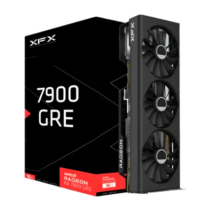 Tarjeta gráfica XFX Radeon RX 7900 GRE 16 GB GDDR6, arquitectura RDNA 3, triple ventilador, soporte para Ray Tracing, FSR 3 y resolución 8K, ideal para gaming en 1440p y 4K.