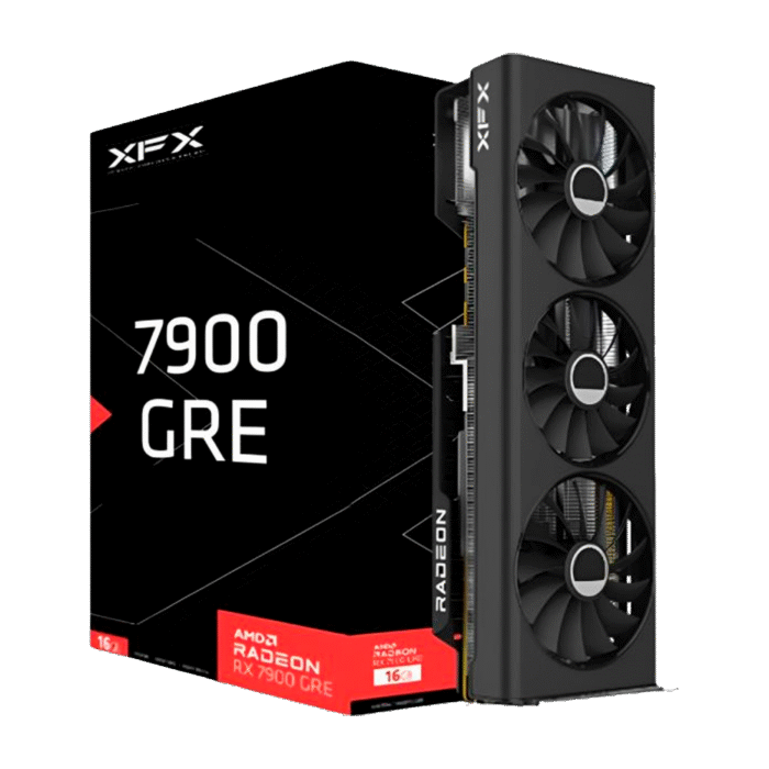 Tarjeta gráfica XFX Radeon RX 7900 GRE 16 GB GDDR6, arquitectura RDNA 3, triple ventilador, soporte para Ray Tracing, FSR 3 y resolución 8K, ideal para gaming en 1440p y 4K.