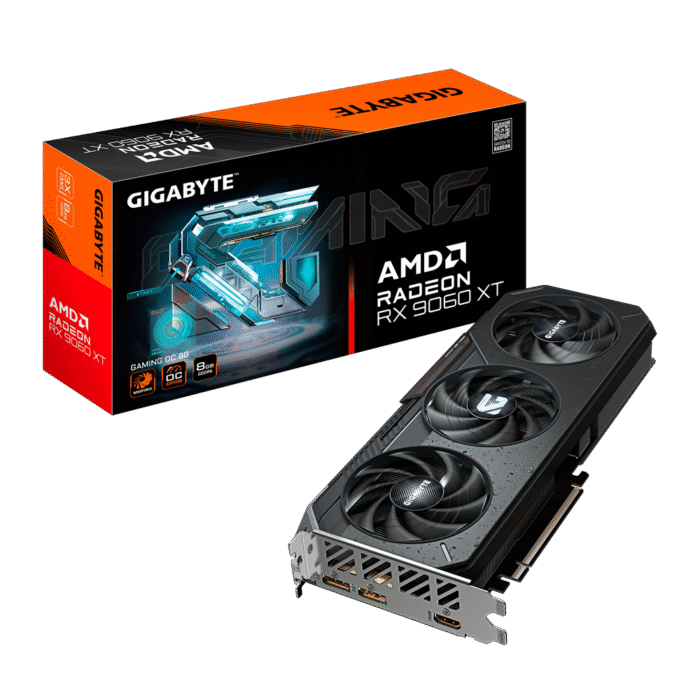 Gigabyte Radeon RX 9060 XT GAMING OC 8GB: tarjeta gráfica RDNA 4 con triple ventilador WINDFORCE, 8 GB GDDR6, boost hasta 3320 MHz, soporte Ray Tracing, FidelityFX FSR 4, PCIe 5.0, y salidas HDMI 2.1b y DisplayPort 2.1a.