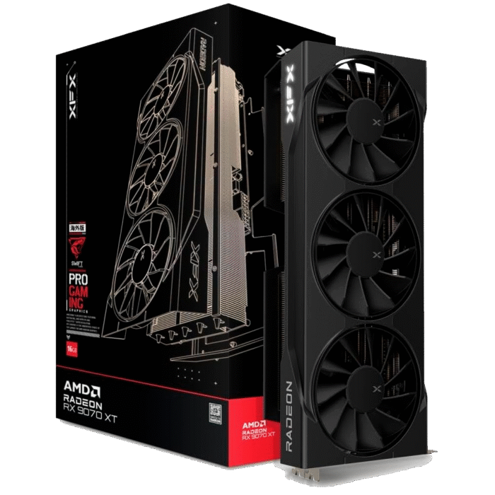 Tarjeta gráfica XFX Radeon RX 9070 XT Swift OC 16GB GDDR6, alto rendimiento con arquitectura RDNA 4, Ray Tracing de tercera generación y triple ventilador. Perfecta para gaming en 4K y creación de contenido exigente.